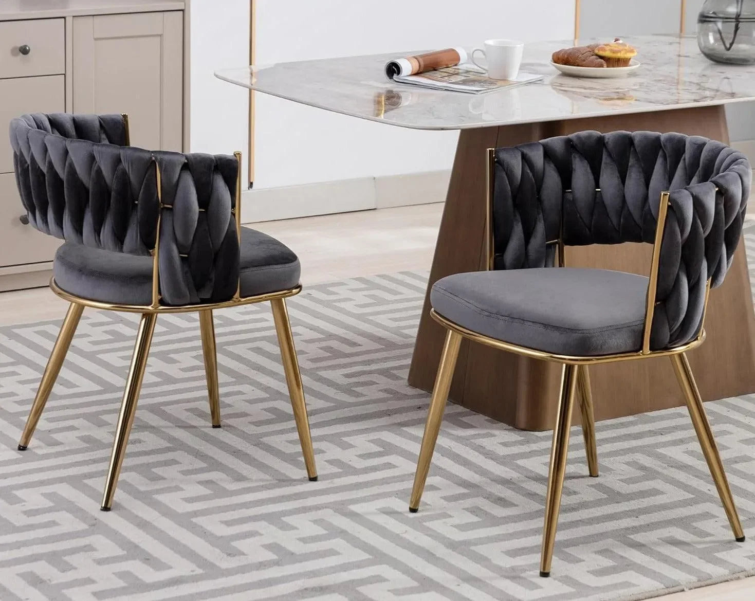 Wooden Twist Woven Carved Backrest Velvet Upholstery and Metal Legs Elegant Seating Dining Chair for Cafe, Restaurant, and Home - Wooden Twist UAE