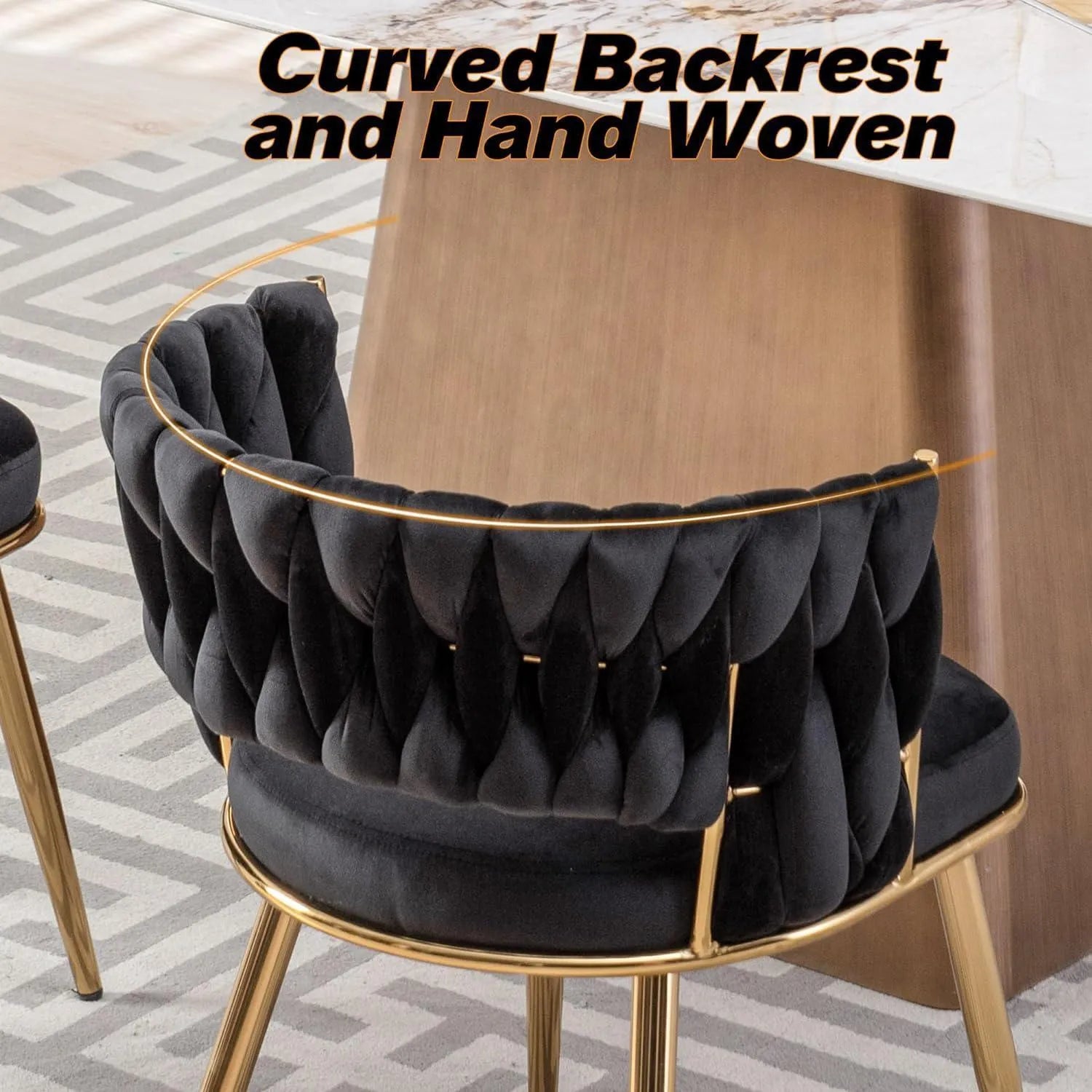 Wooden Twist Woven Carved Backrest Velvet Upholstery and Metal Legs Elegant Seating Dining Chair for Cafe, Restaurant, and Home - Wooden Twist UAE