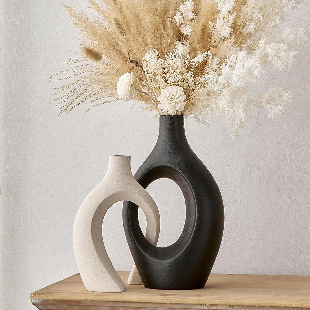 Wooden Twist Modern Home Decor Ceramic White & Black Hollow Decorative Vase for Pampas Flowers ( Set of 2 ) - Wooden Twist UAE