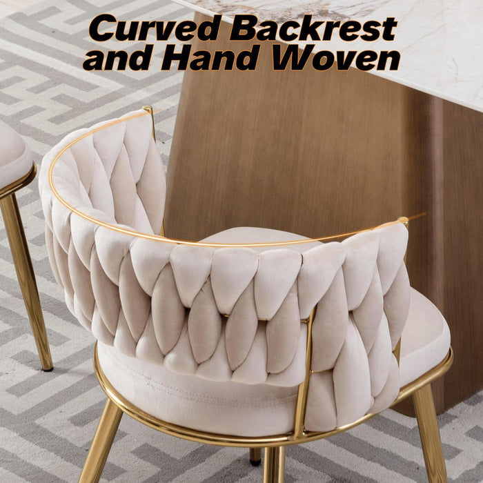 Wooden Twist Woven Carved Backrest Velvet Upholstery and Metal Legs Elegant Seating Dining Chair for Cafe, Restaurant, and Home - Wooden Twist UAE