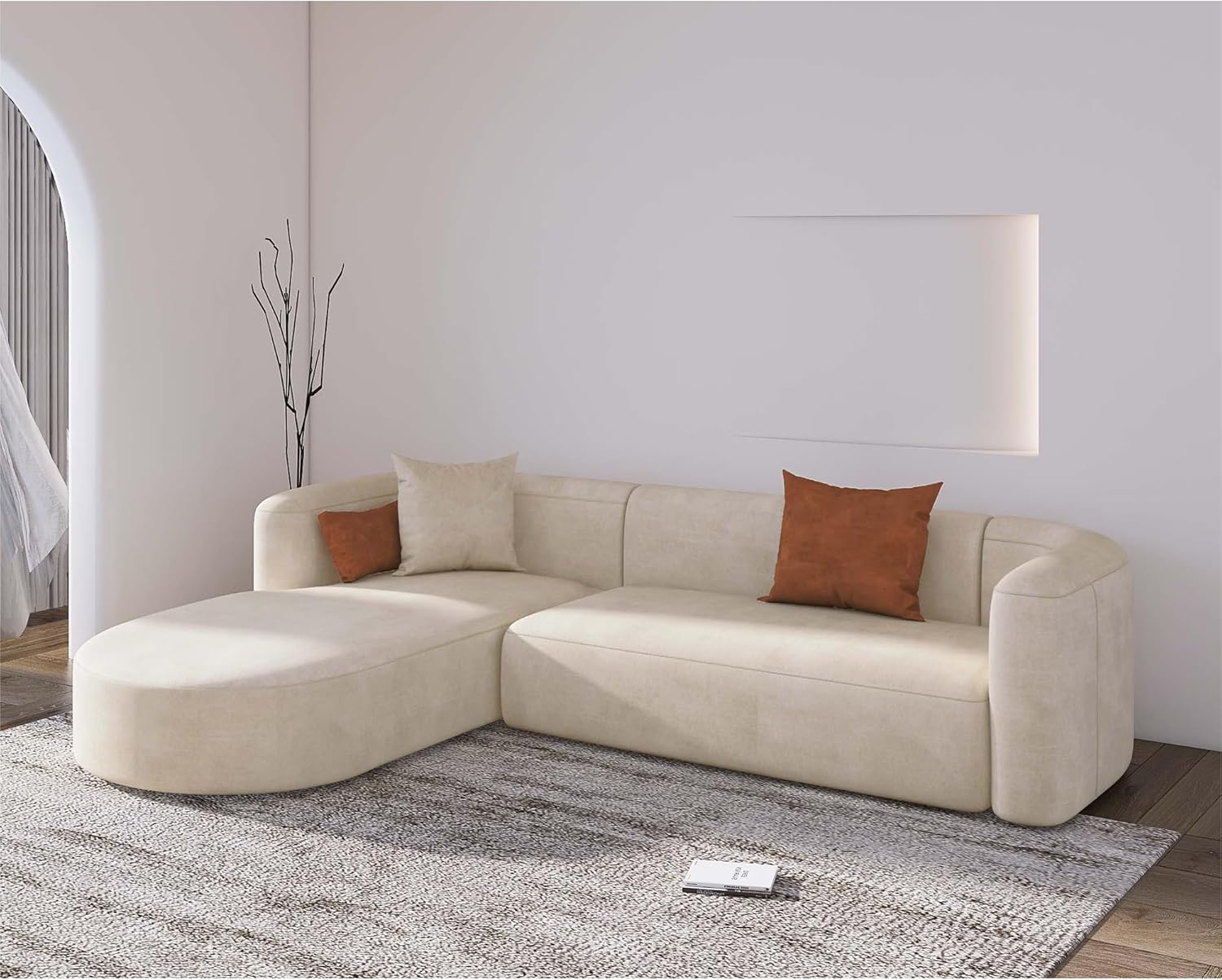 Wooden Twist Velvet Sectional Sofa Cream L-Shape Left Chaise - Lifestyle