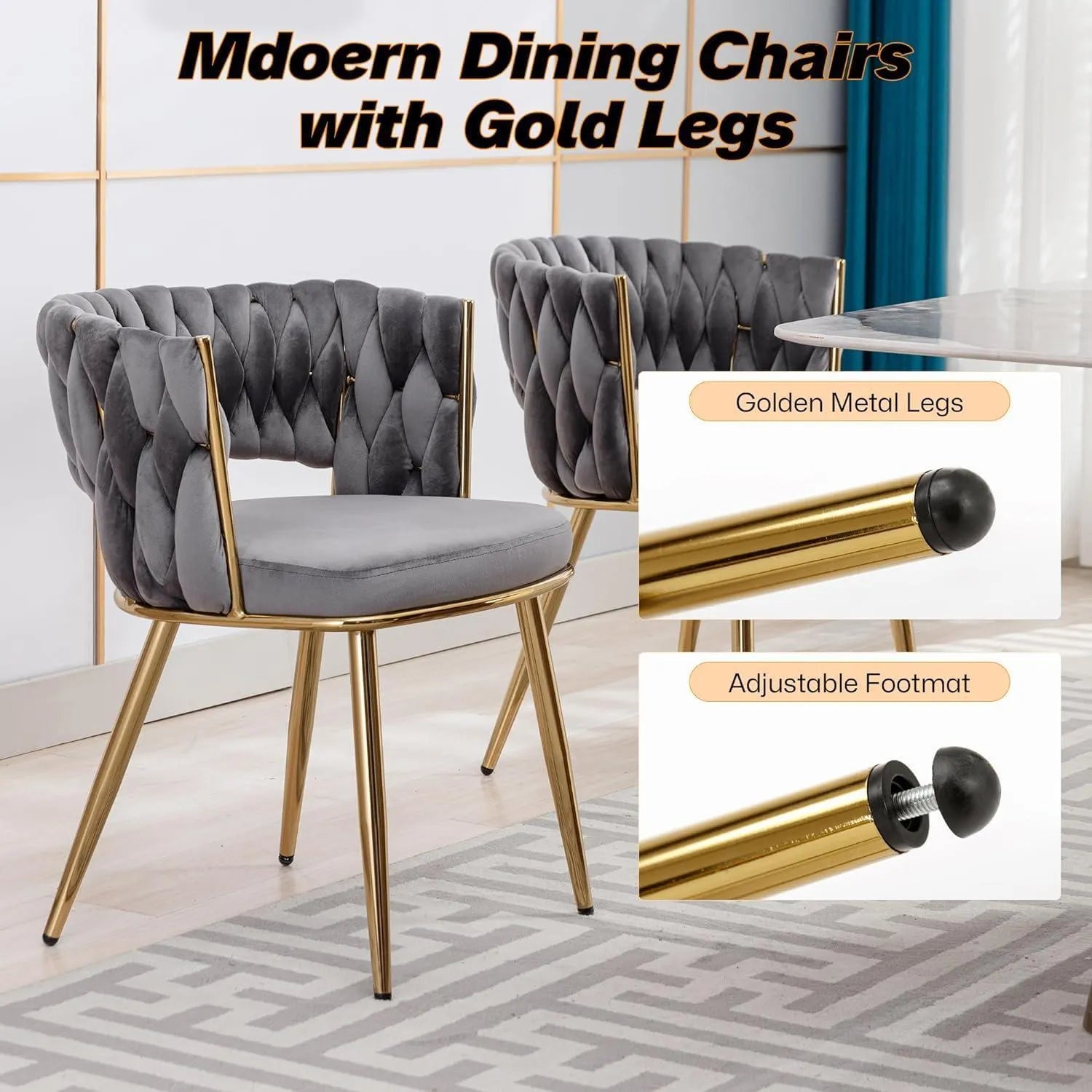 Wooden Twist Woven Carved Backrest Velvet Upholstery and Metal Legs Elegant Seating Dining Chair for Cafe, Restaurant, and Home - Wooden Twist UAE