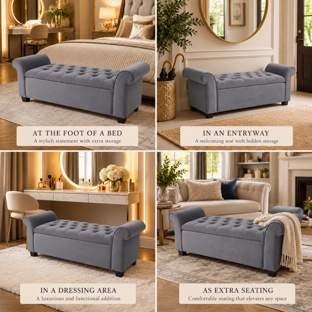 Wooden Twist Zamansiz grey storage bench – at the foot of a bed, in an entryway, dressing area and as extra seating