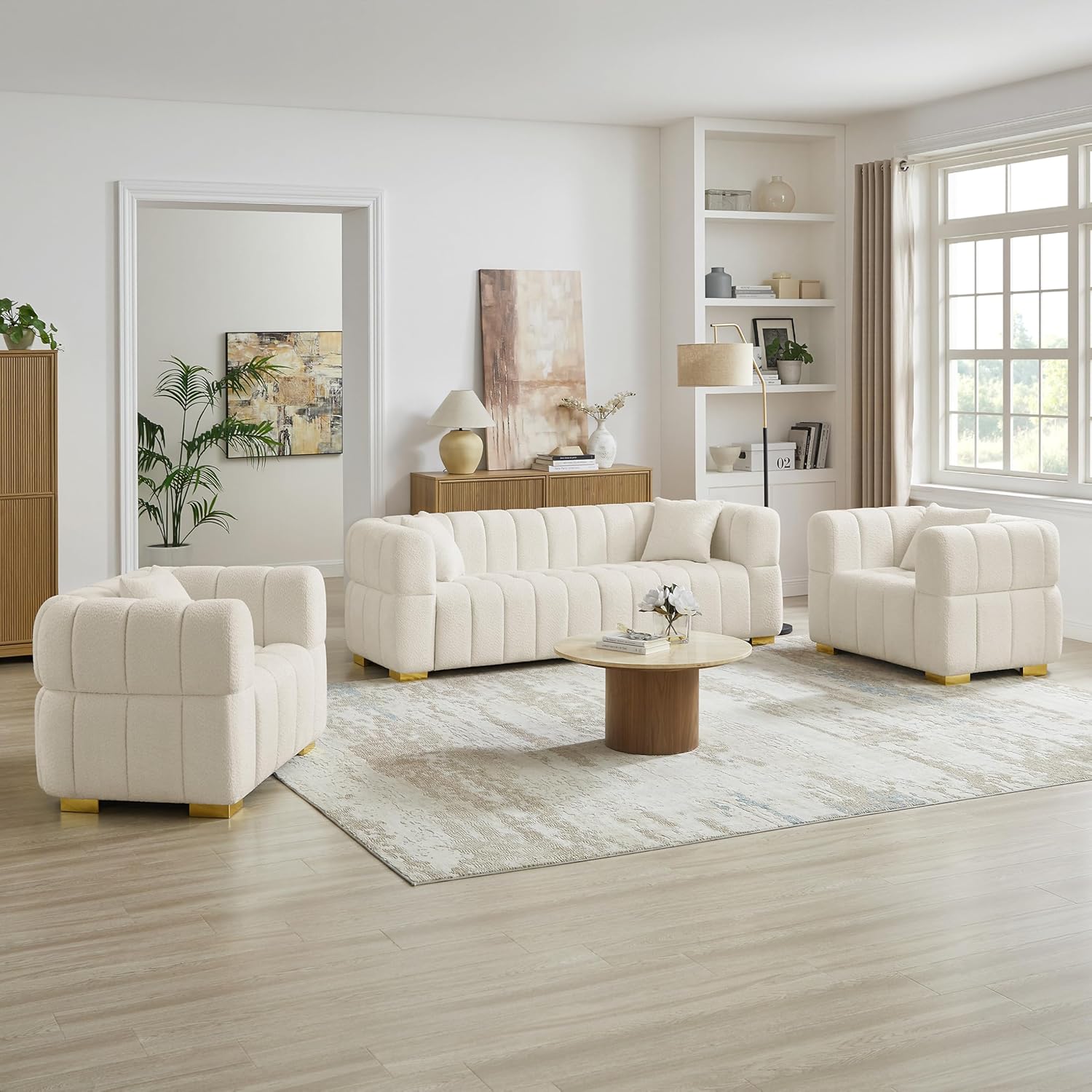 Wooden Twist Cloud Boucle Sofa - White 3+2 Couch Set Living Room