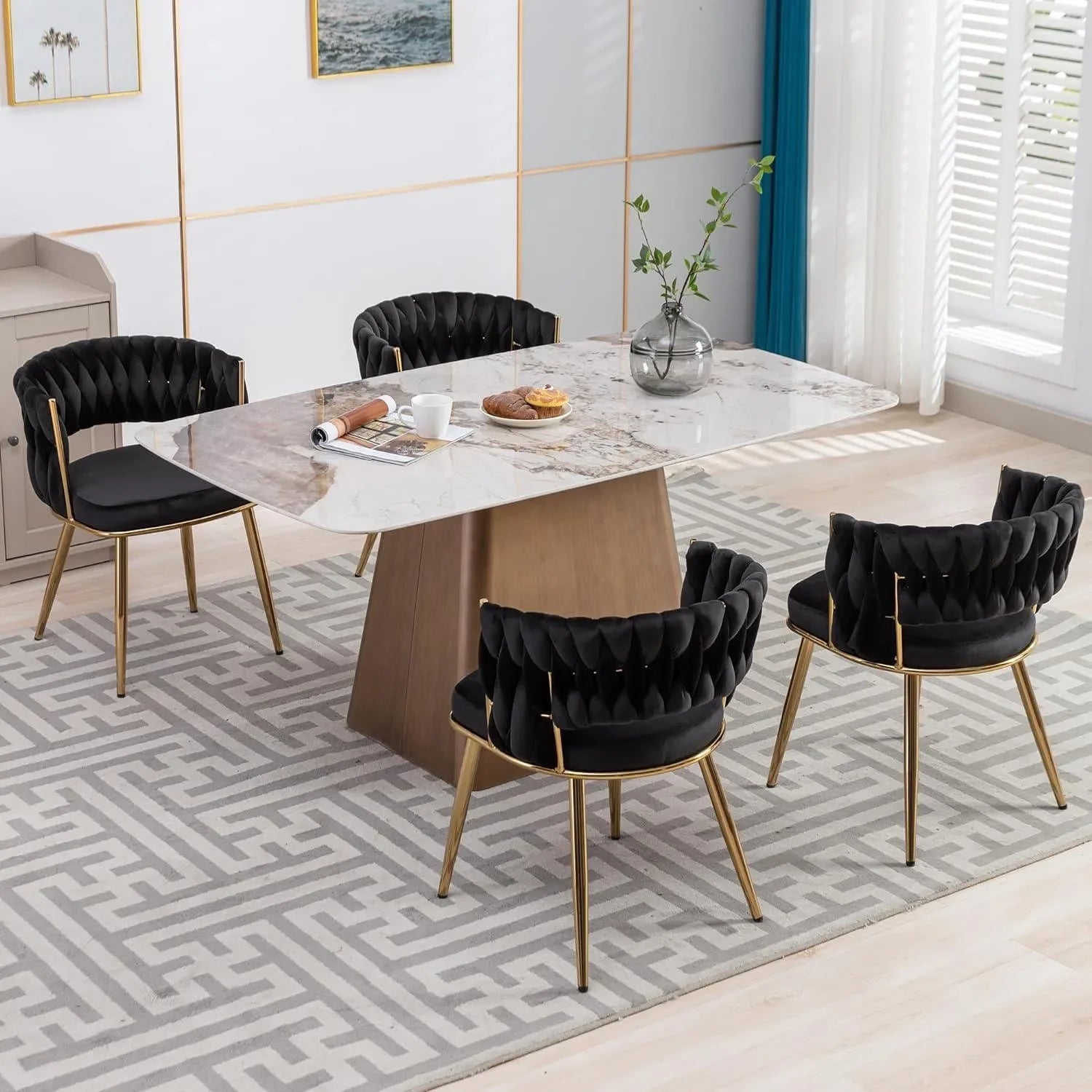 Wooden Twist Woven Carved Backrest Velvet Upholstery and Metal Legs Elegant Seating Dining Chair for Cafe, Restaurant, and Home - Wooden Twist UAE