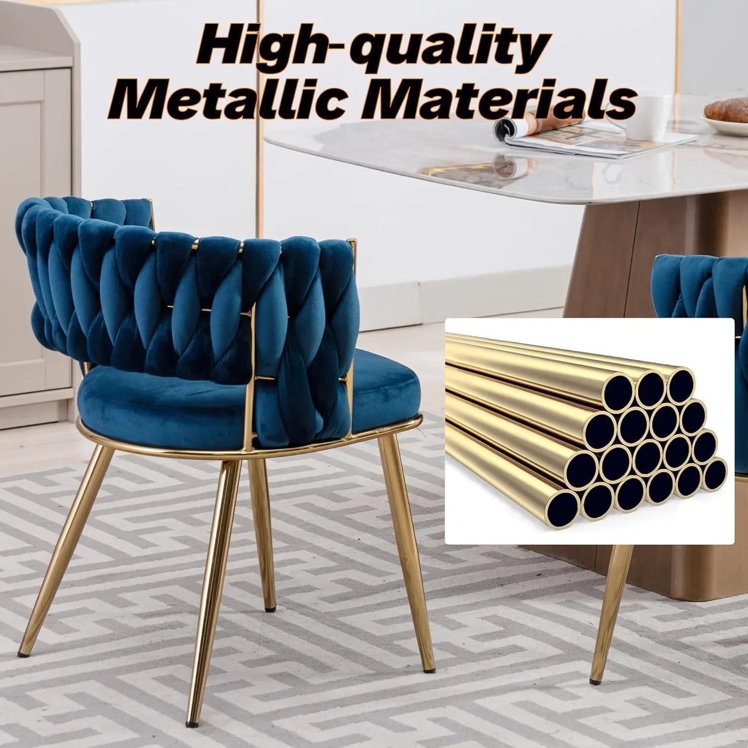 Wooden Twist Woven Carved Backrest Velvet Upholstery and Metal Legs Elegant Seating Dining Chair for Cafe, Restaurant, and Home - Wooden Twist UAE