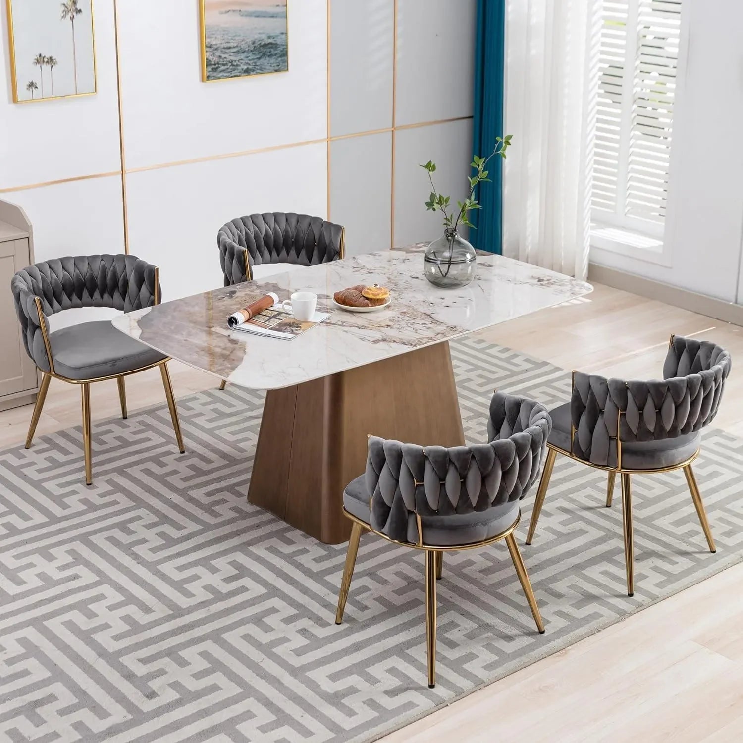 Wooden Twist Woven Carved Backrest Velvet Upholstery and Metal Legs Elegant Seating Dining Chair for Cafe, Restaurant, and Home - Wooden Twist UAE