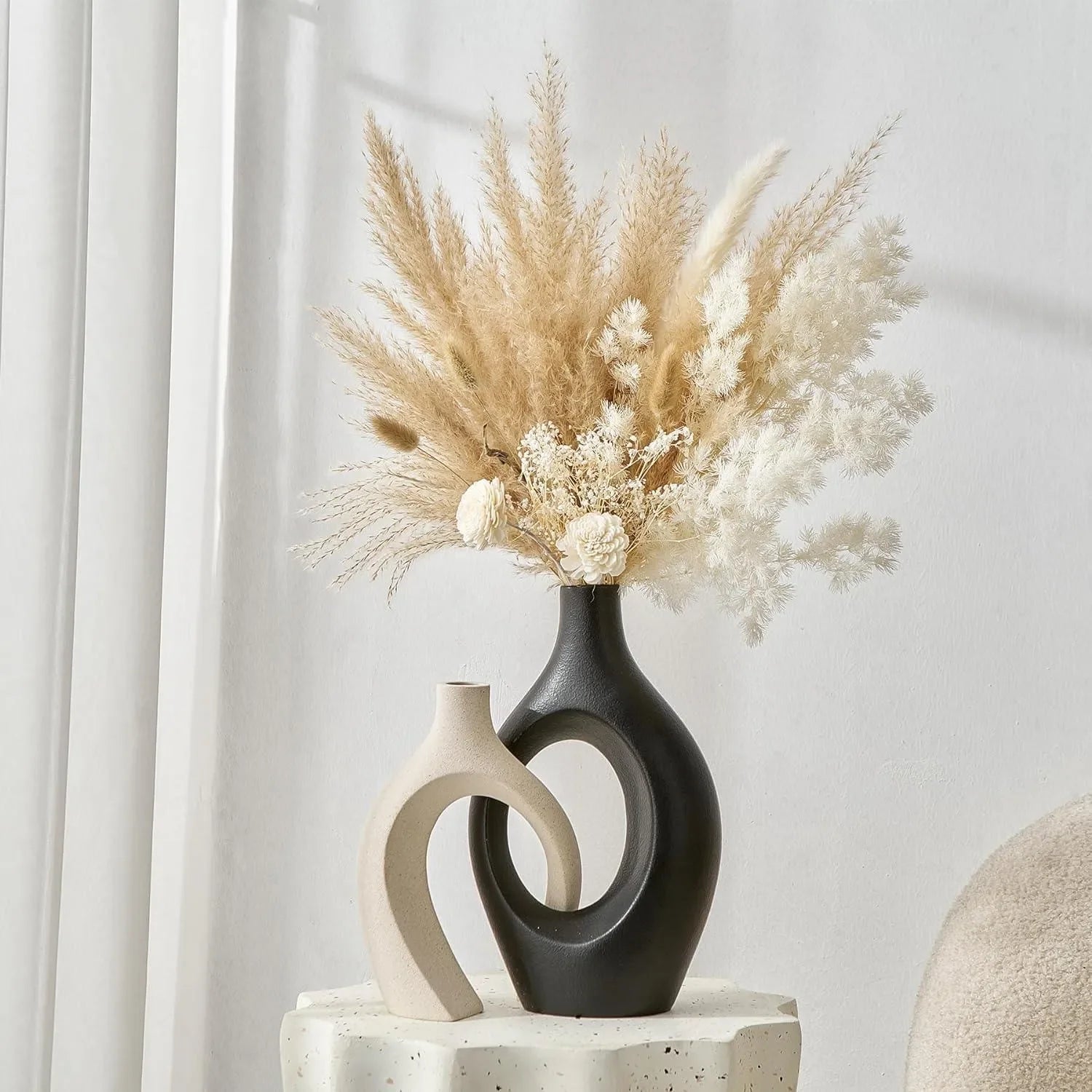Wooden Twist Modern Home Decor Ceramic White & Black Hollow Decorative Vase for Pampas Flowers ( Set of 2 ) - Wooden Twist UAE