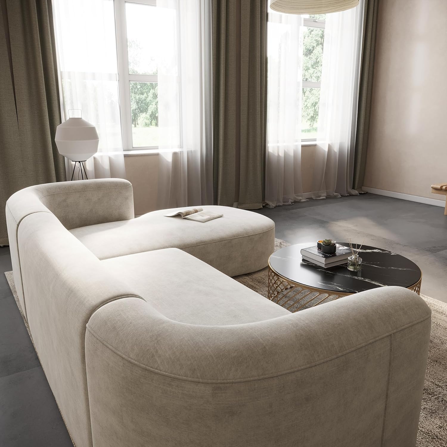 Wooden Twist Velvet Sectional Sofa Cream Right Chaise - Corner View