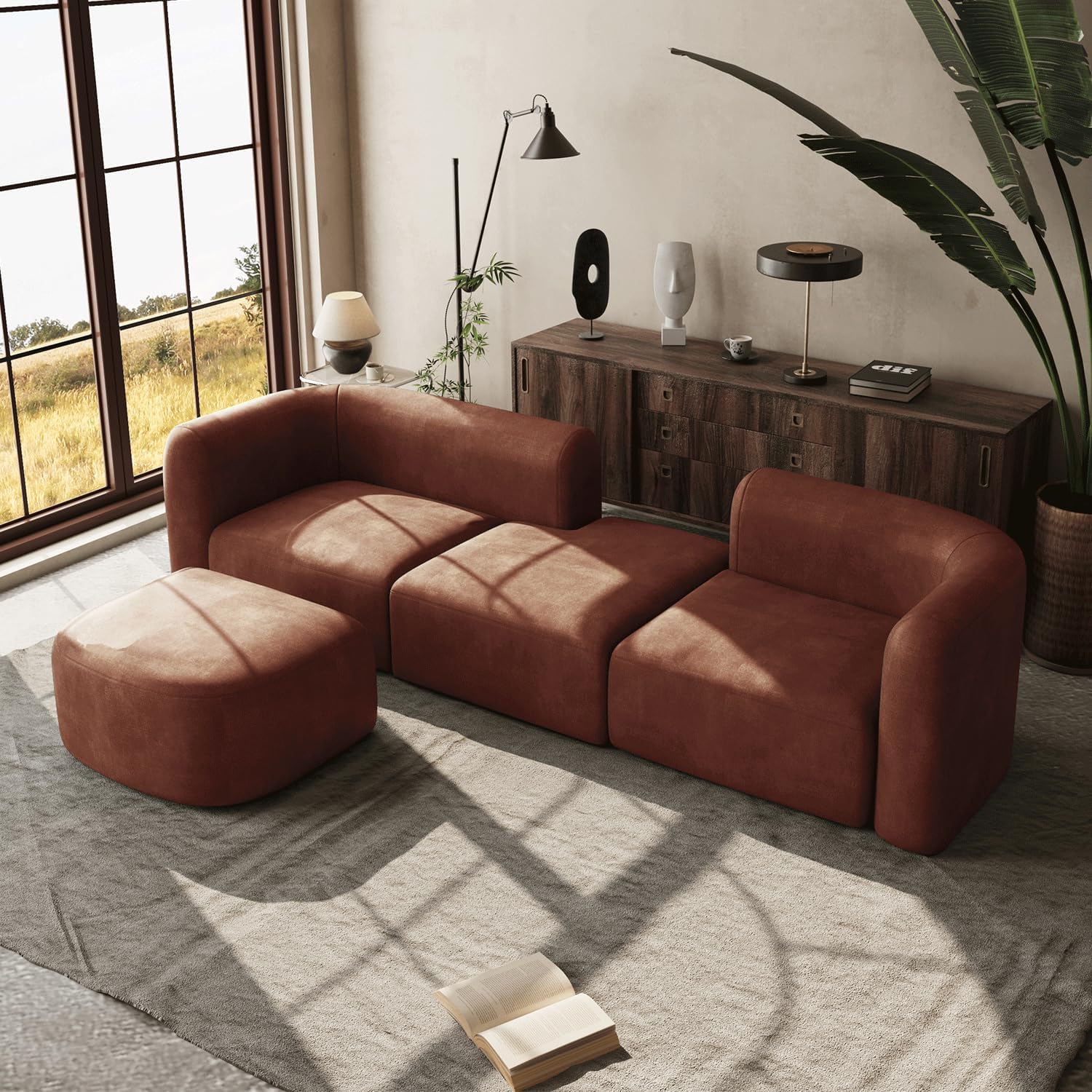 Wooden Twist Velvet Sectional Sofa Tangerine 4 Seater Modular - Room Setting