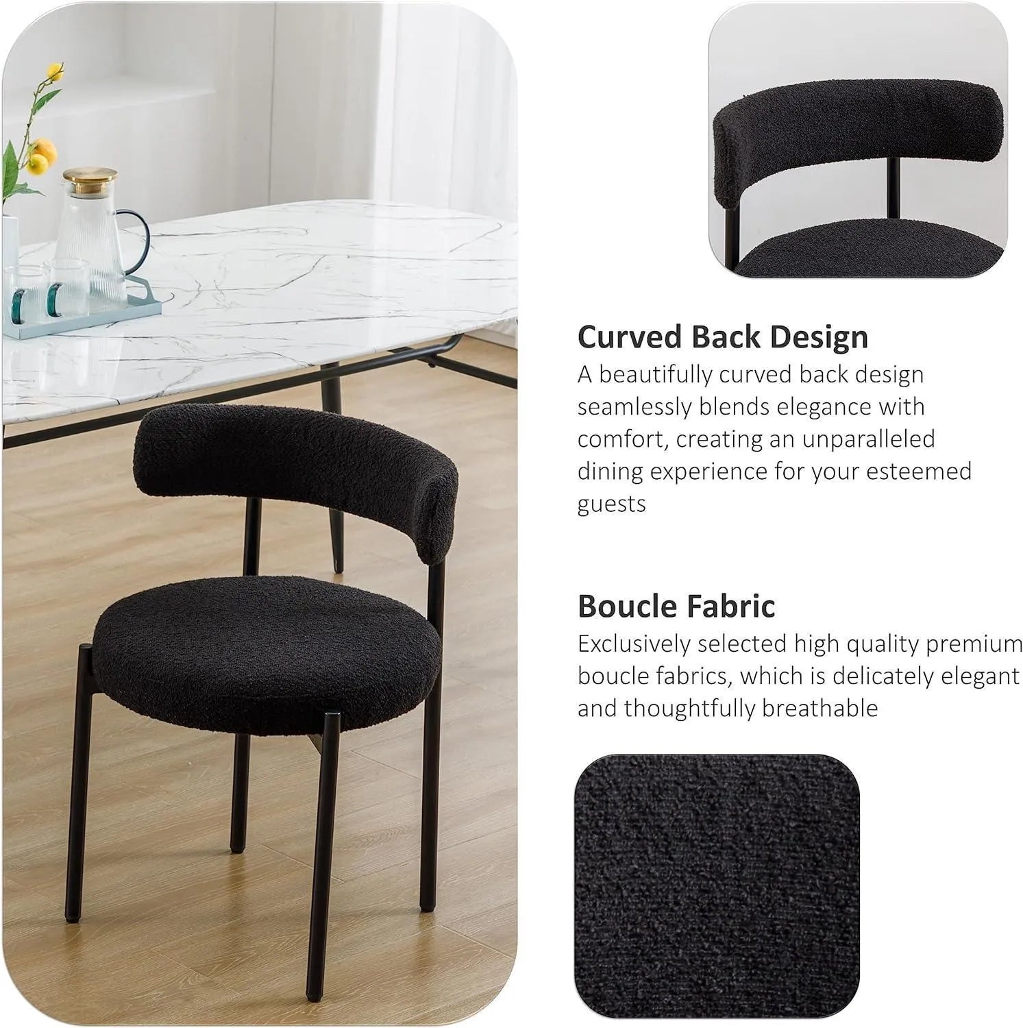 Round Upholstered Boucle Dining Room Chair Mid-Century Modern Kitchen Chairs Curved Backrest Chairs for Dining Room Black Metal Legs - Wooden Twist UAE