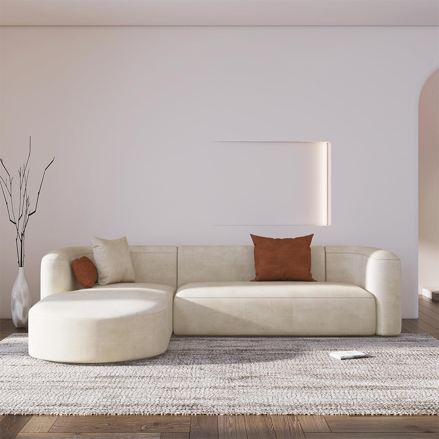 Wooden Twist Modern Velvet Sectional Sofa Cream L-Shape Left Chaise - Front View
