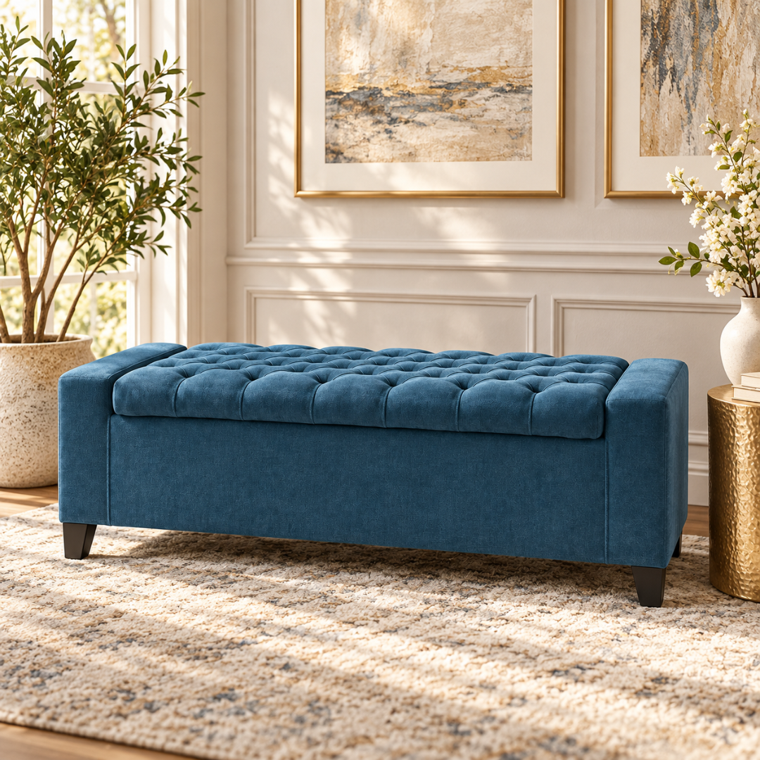 Wooden Twist Raffinee dark blue tufted velvet storage bench – lifestyle view in living room