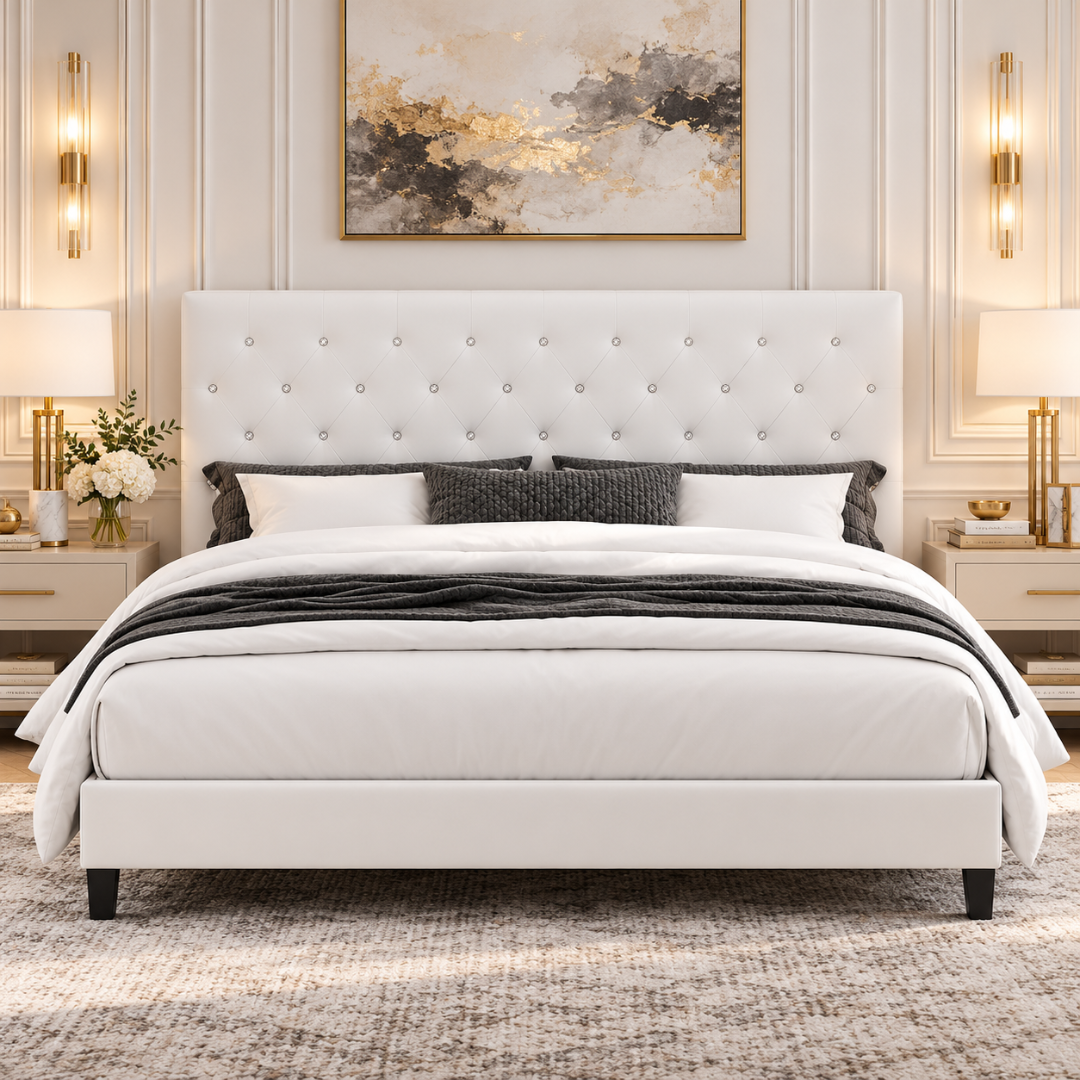 Wooden Twist Crystal Tufted Wingback Bed White – luxury bedroom