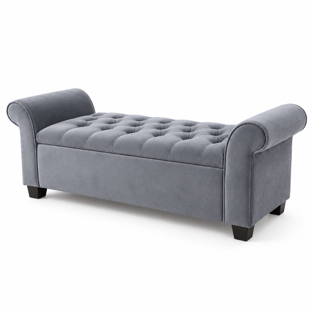 Wooden Twist Zamansiz grey button tufted velvet storage bench – angled view on white background