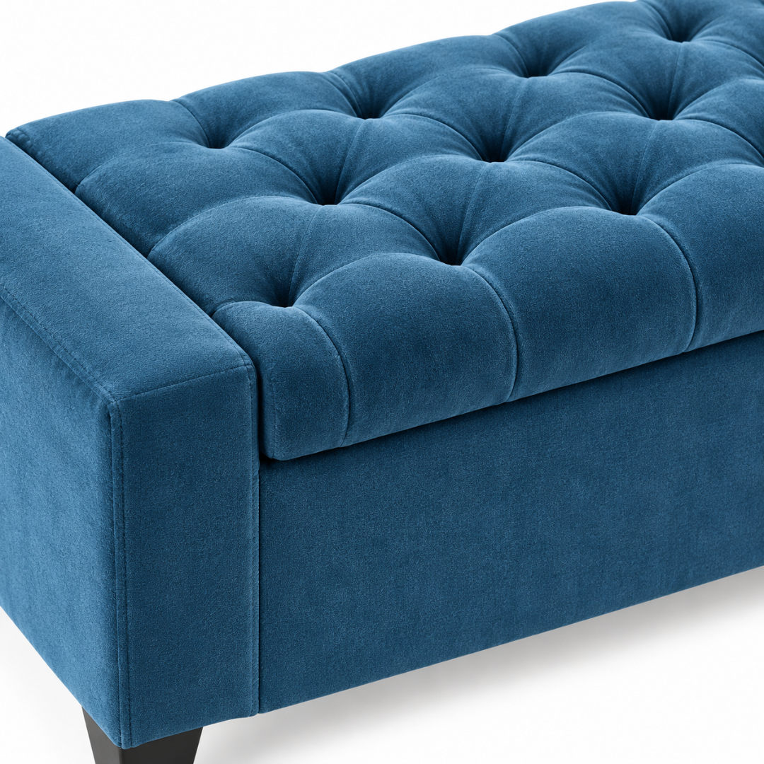 Wooden Twist Raffinee dark blue storage bench – close-up of button-tufted velvet