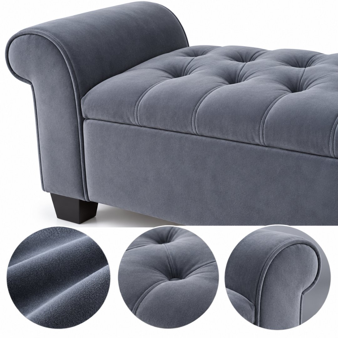 Wooden Twist Zamansiz grey storage bench – close-up of velvet texture, button tufting and rolled arm
