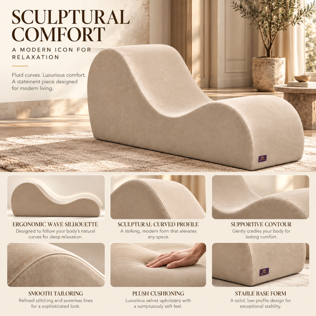 Wooden Twist Armless Velvet Wave Chaise Lounge Beige – Sculptural Comfort Features Infographic