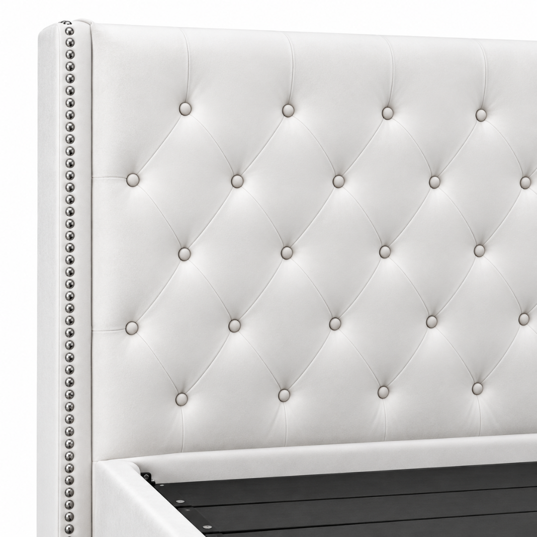 Wooden Twist Crystal Tufted Wingback Bed White – crystal buttons and nailhead close-up