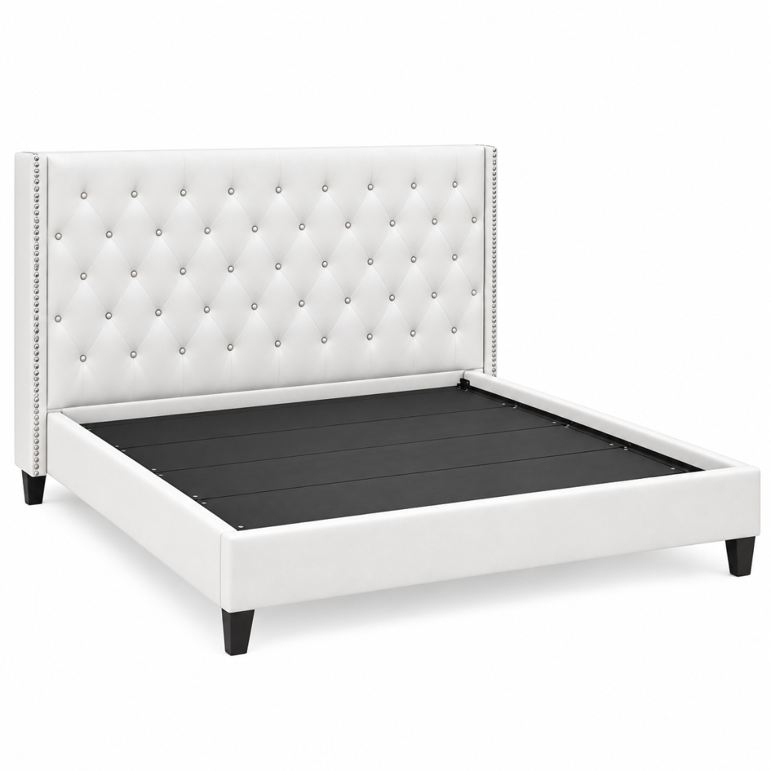 Wooden Twist Crystal Tufted Wingback Bed White – side angle frame view