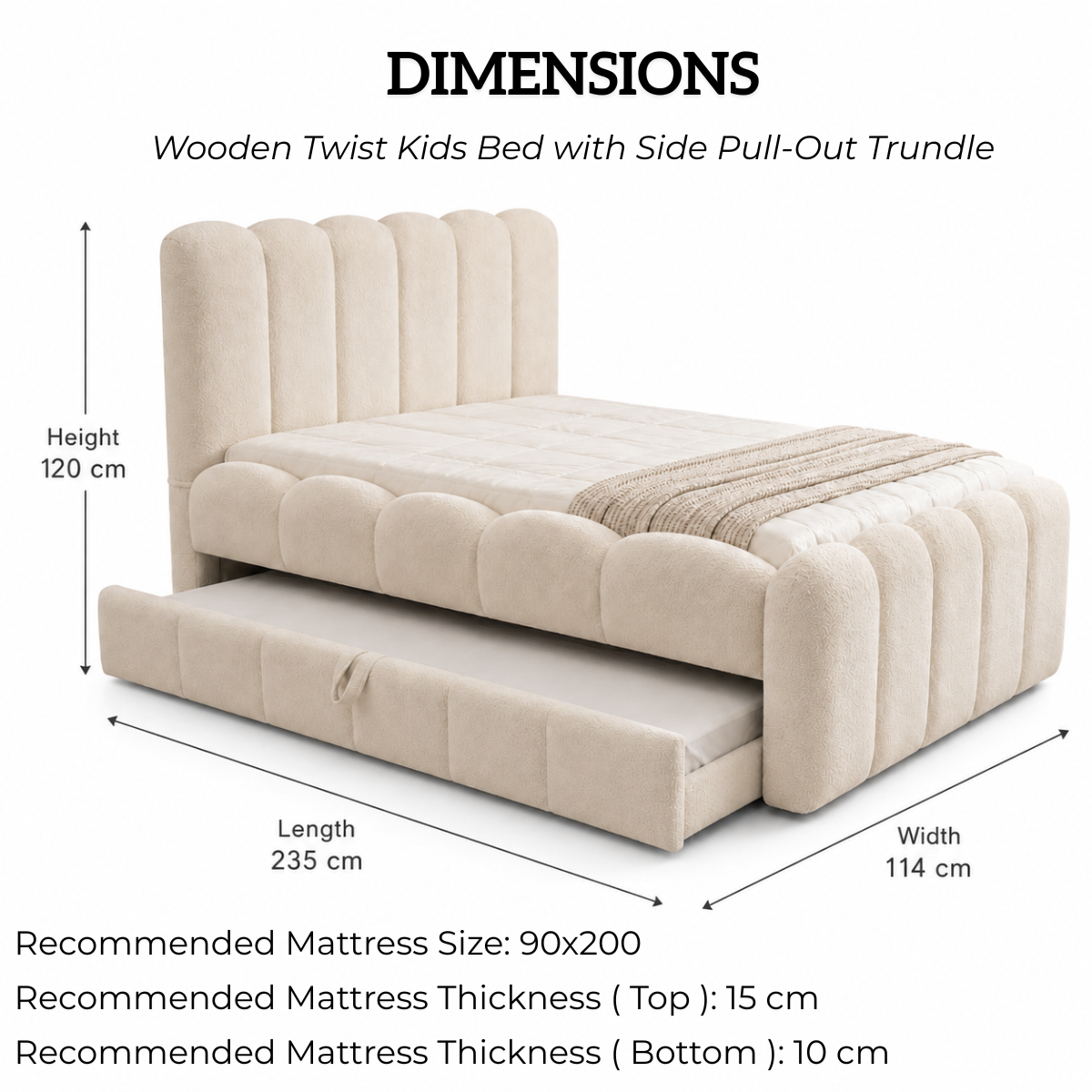 Wooden Twist Boucle Kids Bed with Side Pull-Out Trundle & Scalloped Channel-Tufted Headboard