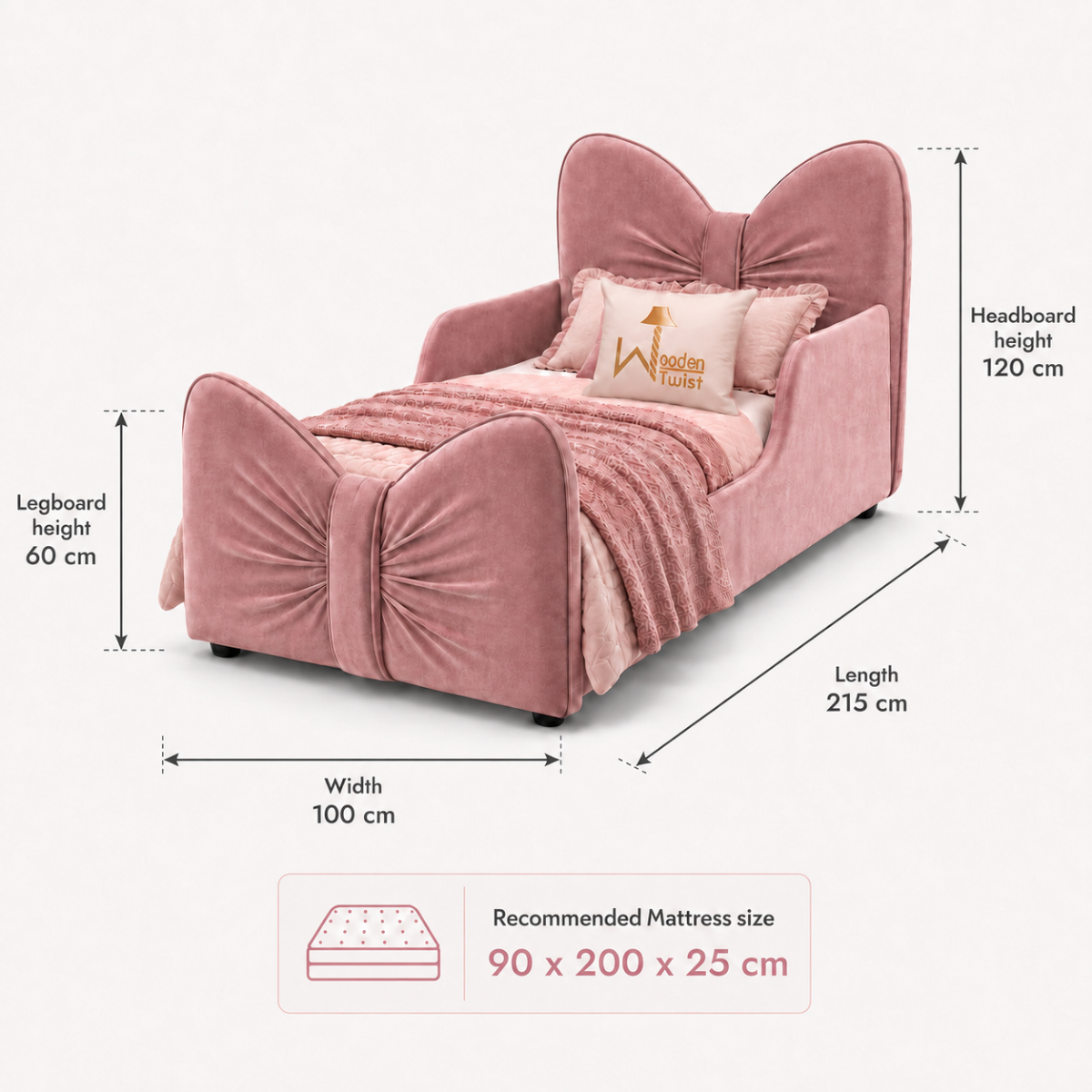 Wooden Twist Pink Bow-Shaped Kids Bed - dimensions 90 x 200 cm