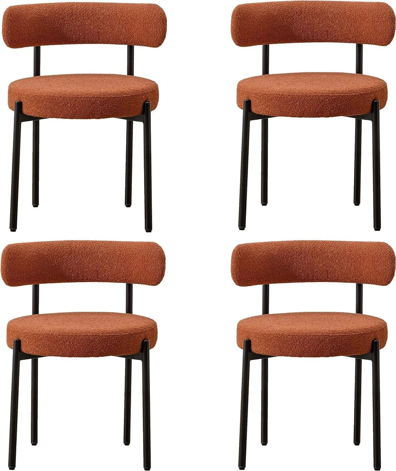 Round Upholstered Boucle Dining Room Chair Mid-Century Modern Kitchen Chairs Curved Backrest Chairs for Dining Room Black Metal Legs - Wooden Twist UAE