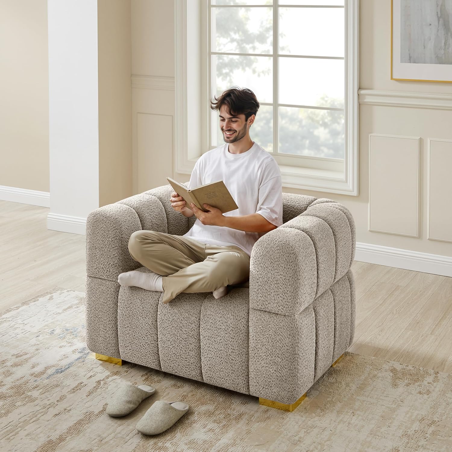 Wooden Twist Cloud Boucle Sofa - Camel 3-Seater Lifestyle Home Setting