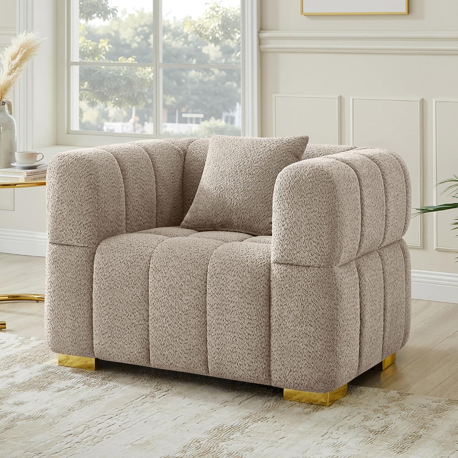 Wooden Twist Cloud Boucle Chair - Camel 112 cm Single Accent Chair