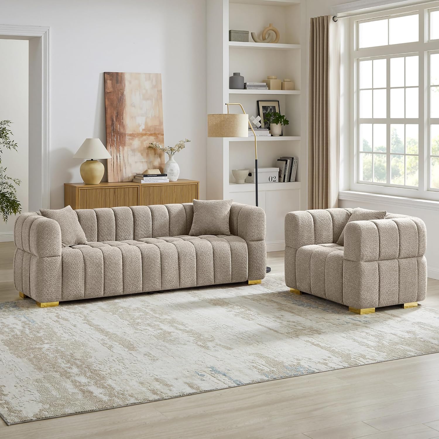 Wooden Twist Cloud Boucle Sofa - Camel 3+1 Complete Sofa and Chair Set