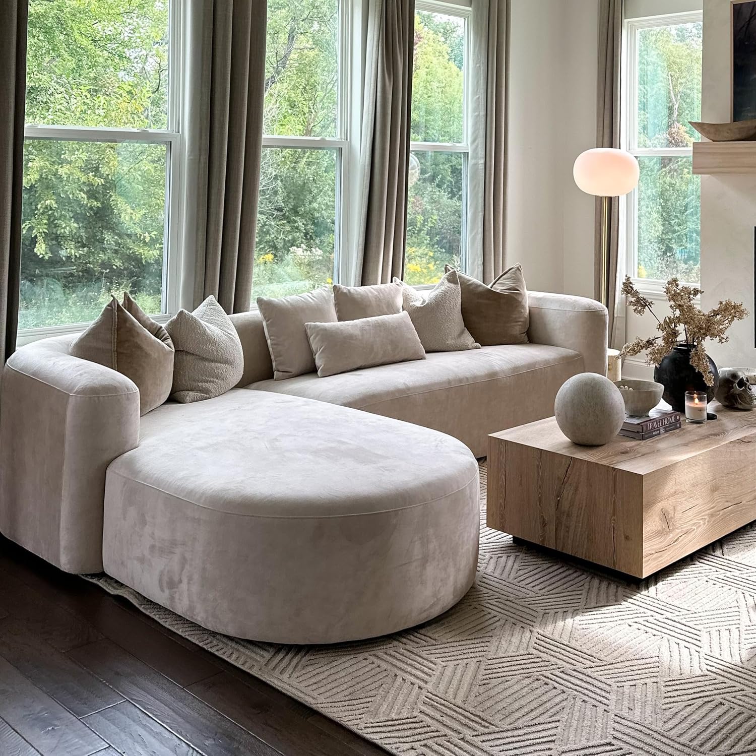 Wooden Twist Velvet Sectional Sofa Cream L-Shaped Sectional - Full View
