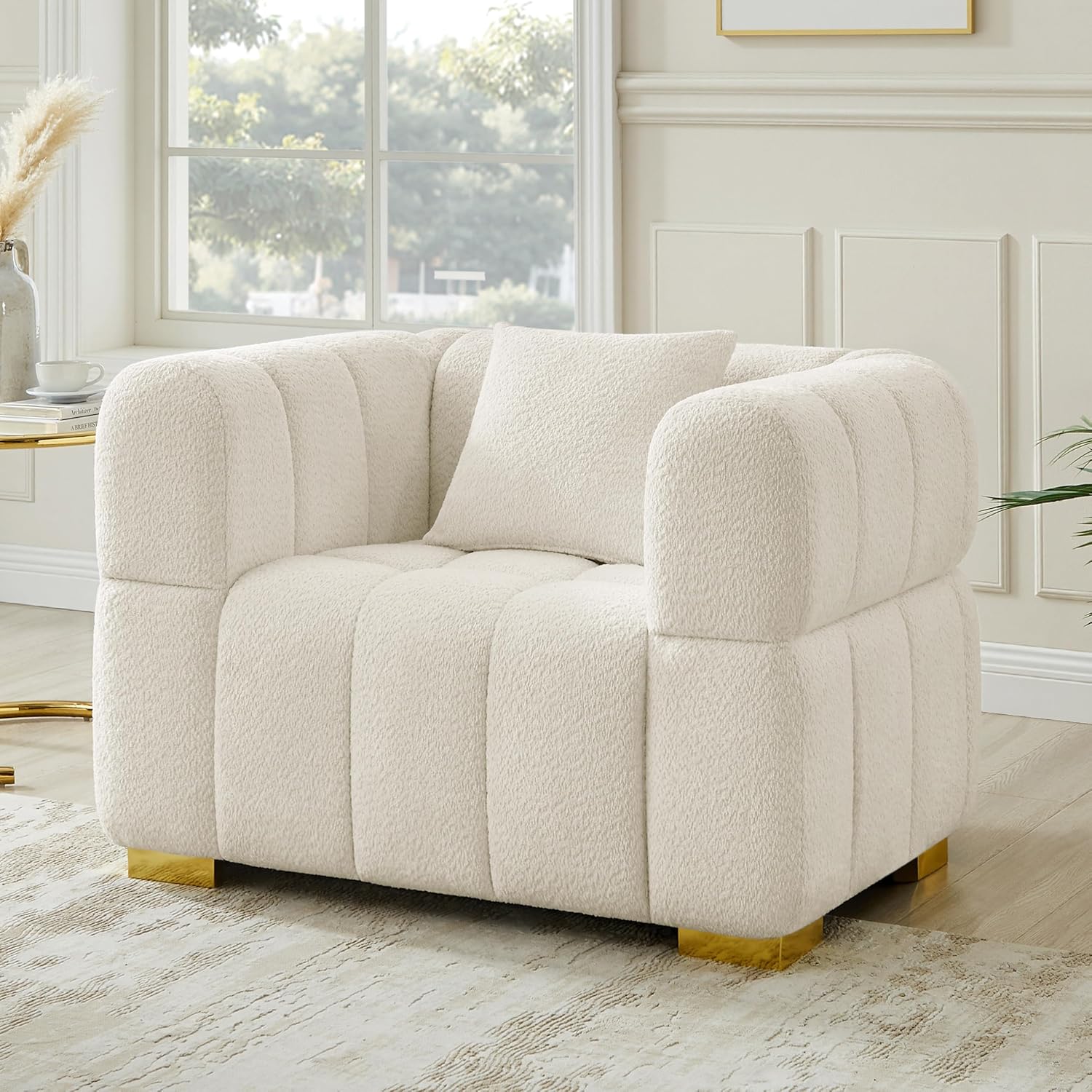 Wooden Twist Cloud Boucle Chair - White 112 cm Single Accent Chair