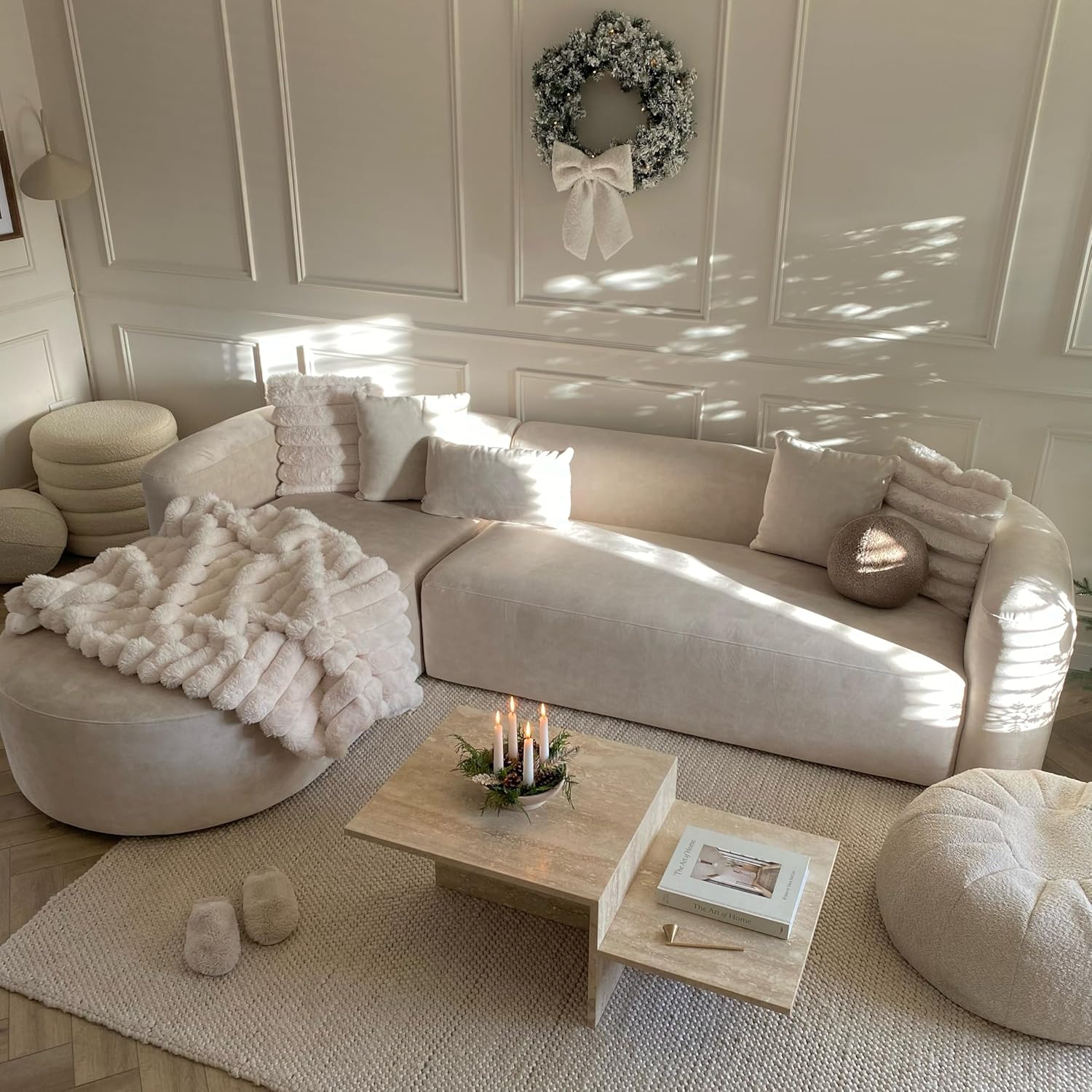 Wooden Twist Velvet Sectional Sofa Cream L-Shaped Sectional - Lifestyle