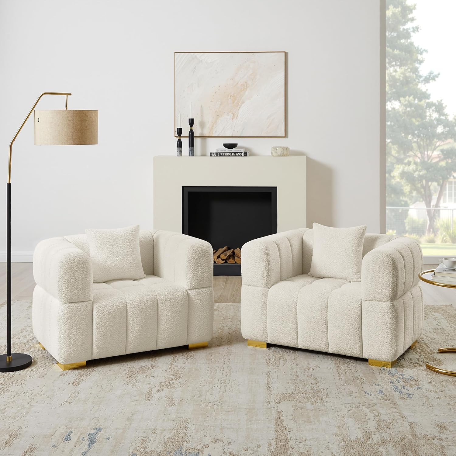 Wooden Twist Cloud Boucle Chair - White Set of 2 Oversized Accent Chairs