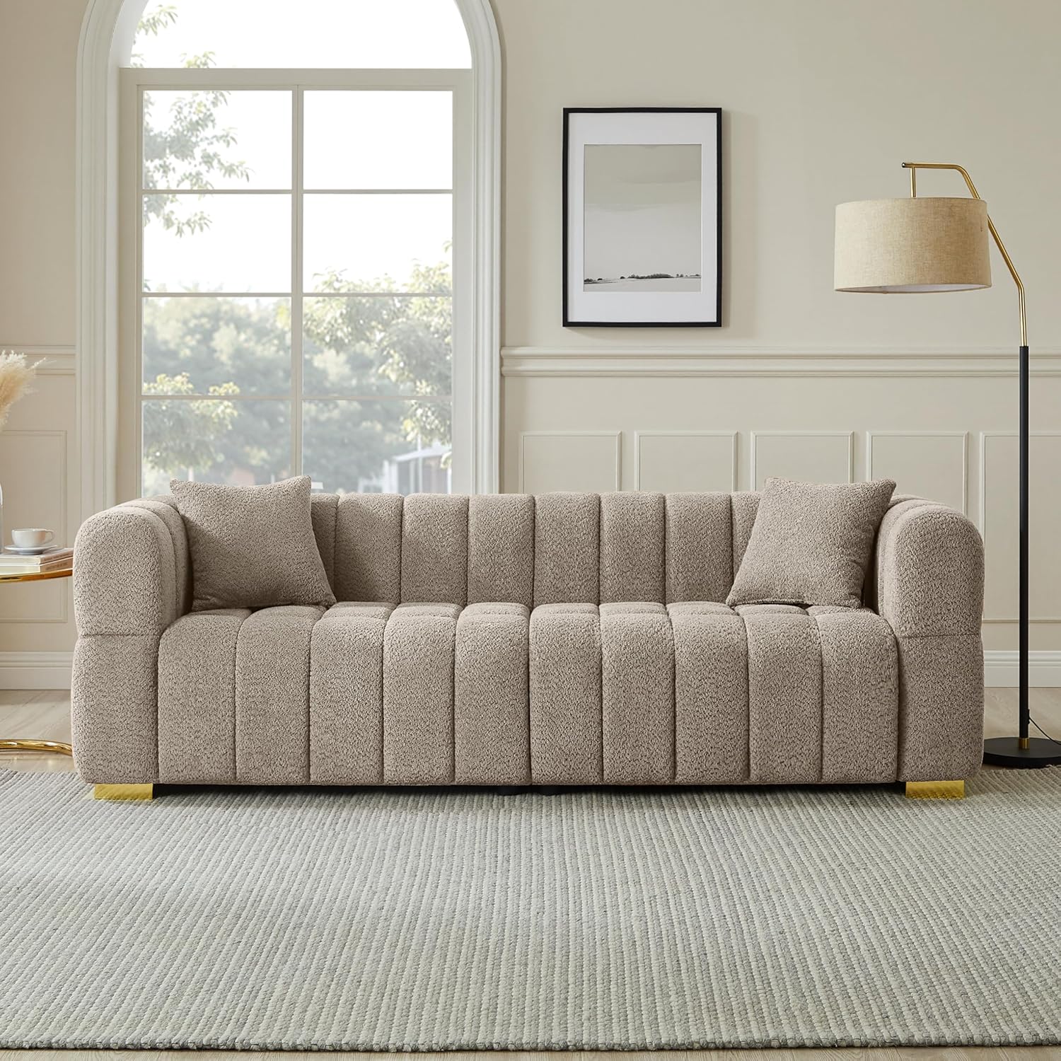 Wooden Twist Cloud Boucle Sofa Set - Camel 3+1 Sofa Set Modern Living Room
