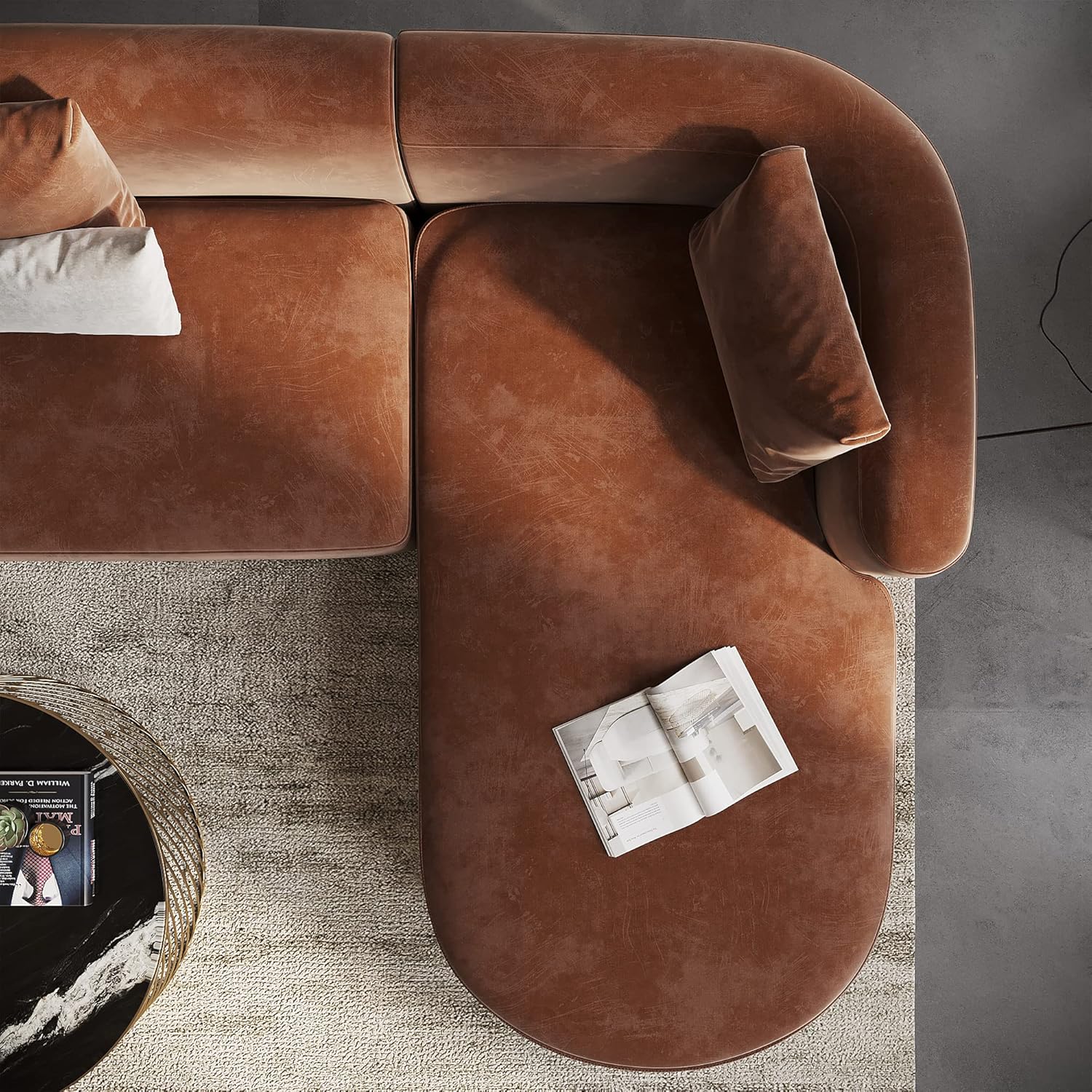Wooden Twist Velvet Sectional Sofa Tangerine L-Shape Right Chaise - Full View