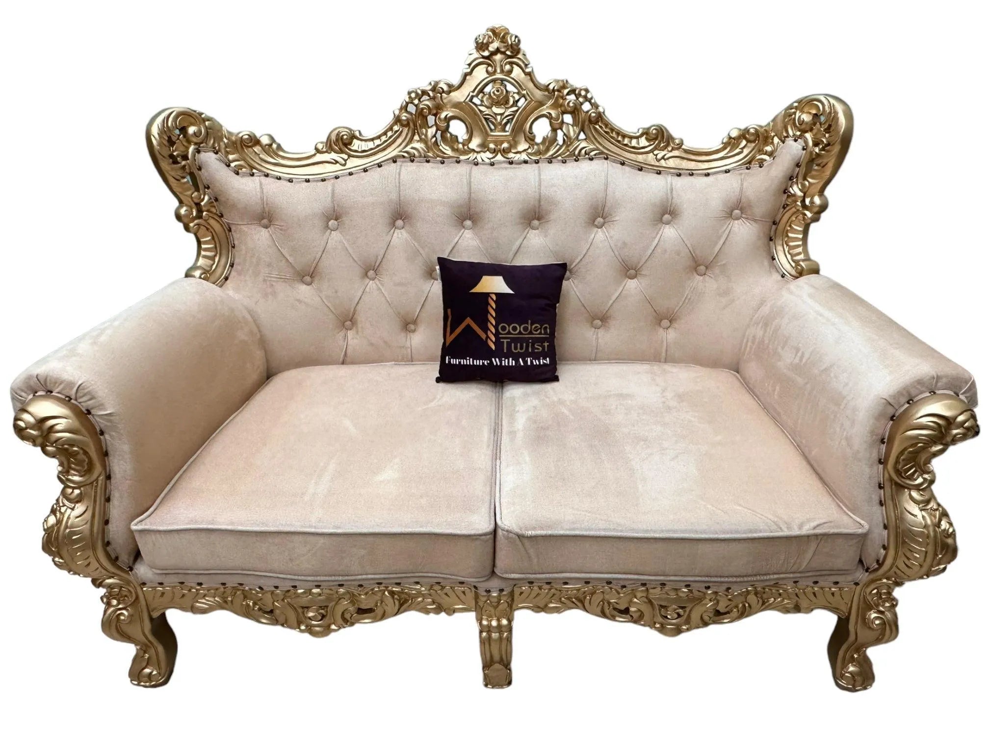 Wooden Boutique French Baroque Style Golden Leaf Hand Carved Sofa (2 Seater) - Wooden Twist UAE