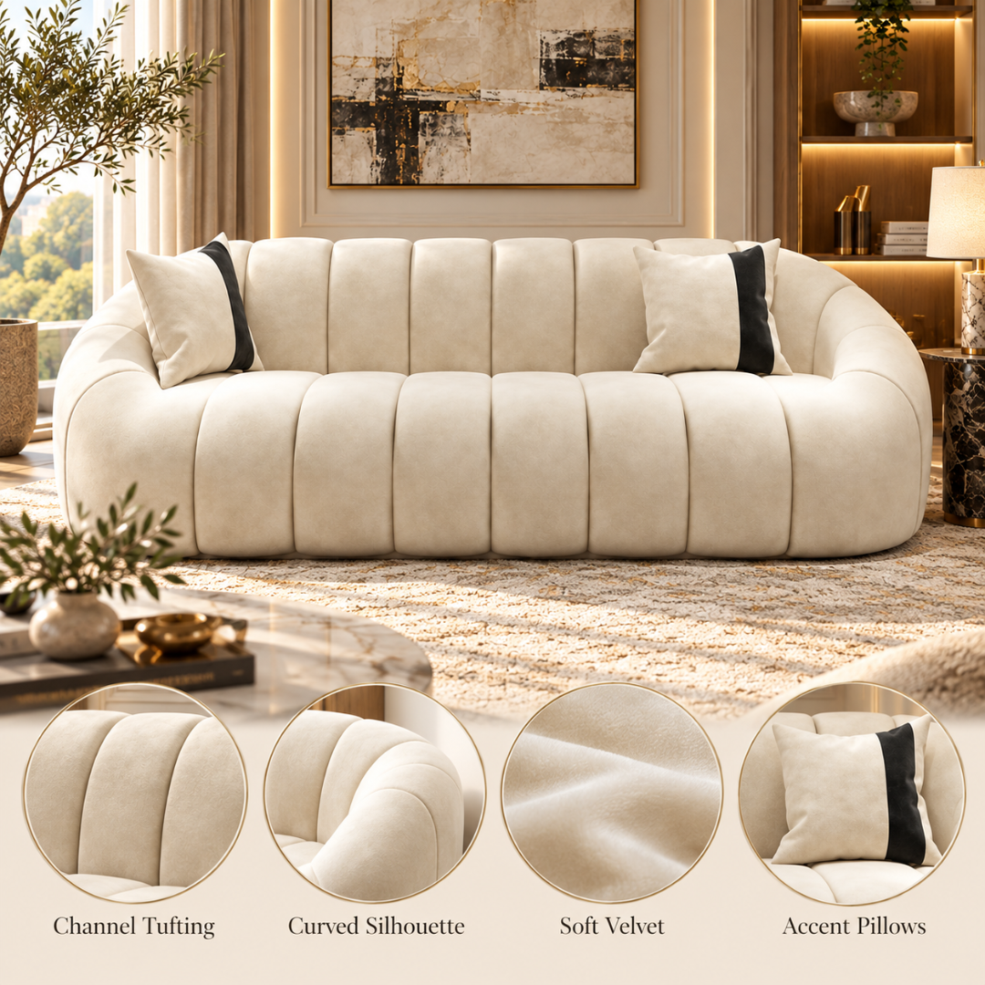Wooden Twist Collin Oval Channel Tufted 3 Seater Sofa Beige Velvet – Features: Channel Tufting, Curved Silhouette, Soft Velvet