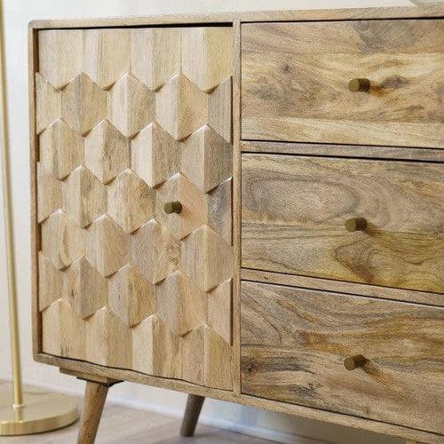Wooden Twist Pentagonal Hand-Carved Sideboard Cabinet with 1 Door & 3 Drawers - Wooden Twist UAE