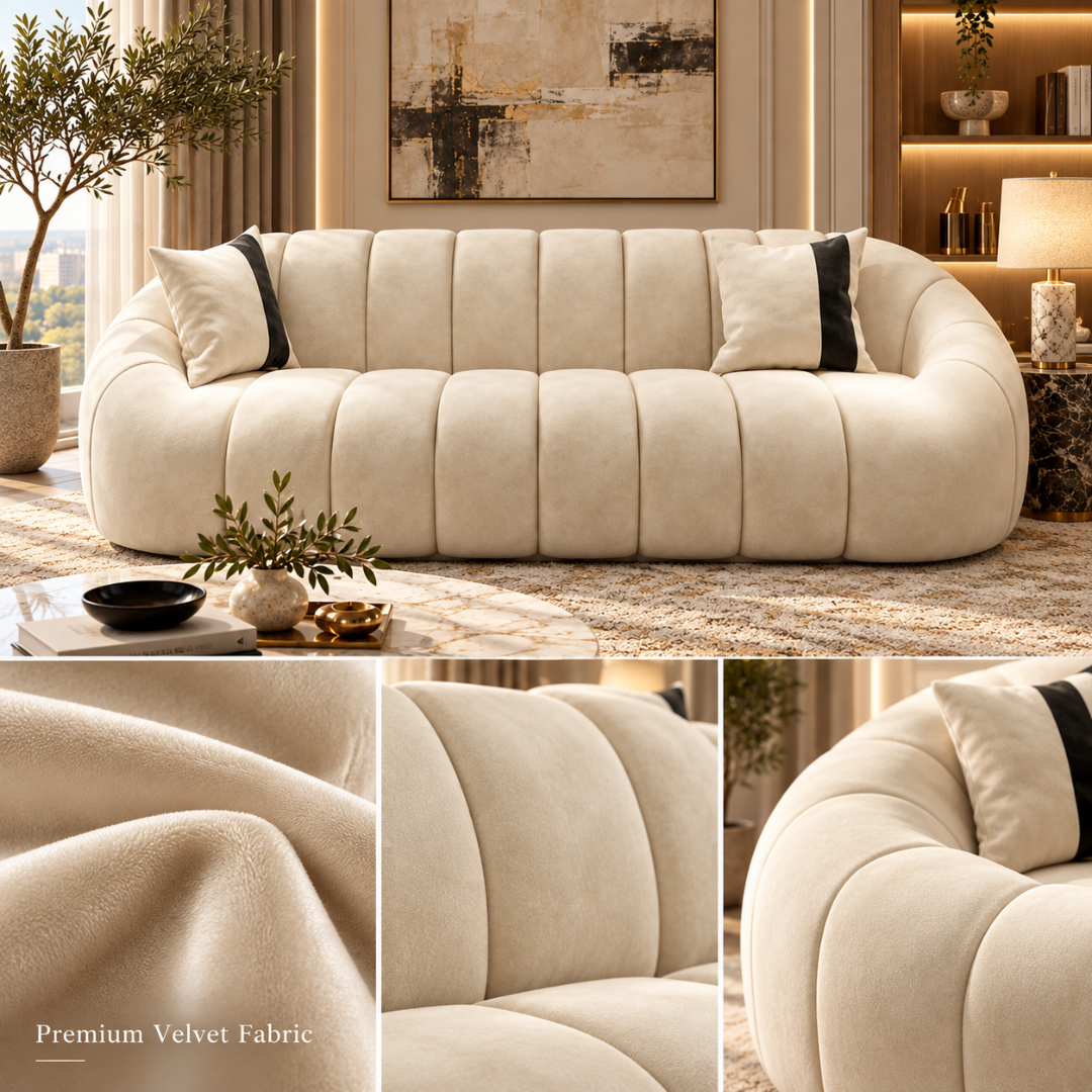 Wooden Twist Collin Oval Channel Tufted 3 Seater Sofa Beige Velvet – Premium Velvet Fabric Close-Ups