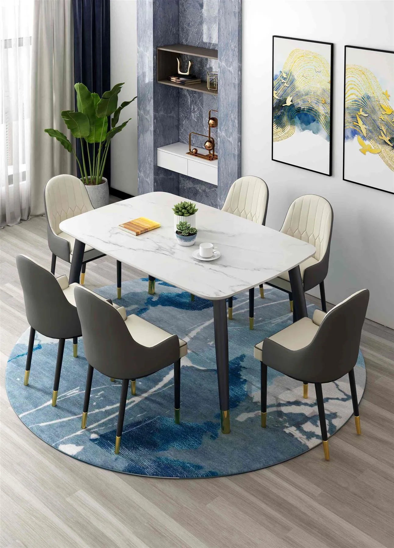 Wooden Twist Villoso Modern Rectangular Marble Top 6 Seater Dining Set with Black Iron Legs and Gold Corner Accents