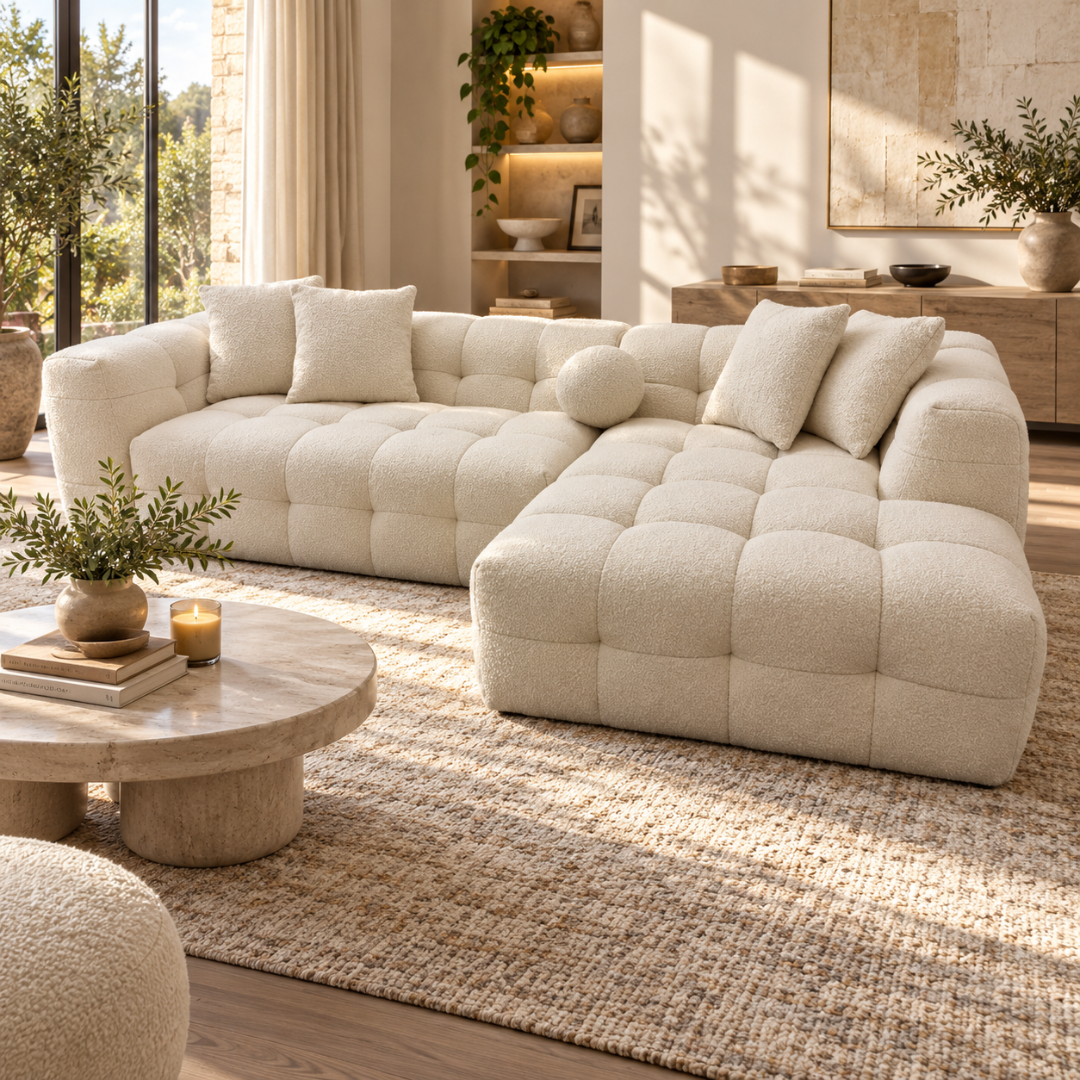 Wooden Twist Nimbus ivory boucle bubble-tufted L-shaped sectional sofa with chaise in a warm living room