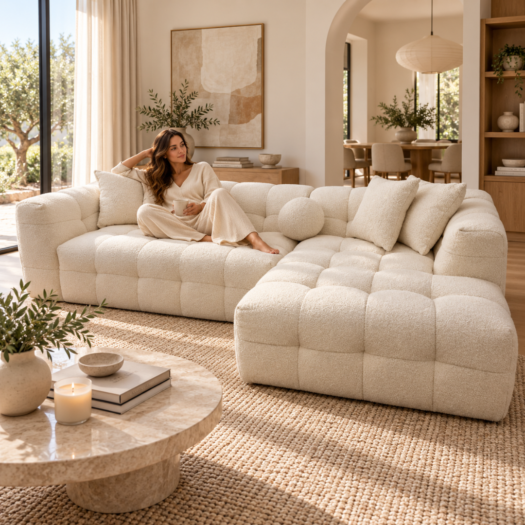 Woman relaxing on the Nimbus ivory bubble sectional sofa with throw pillows