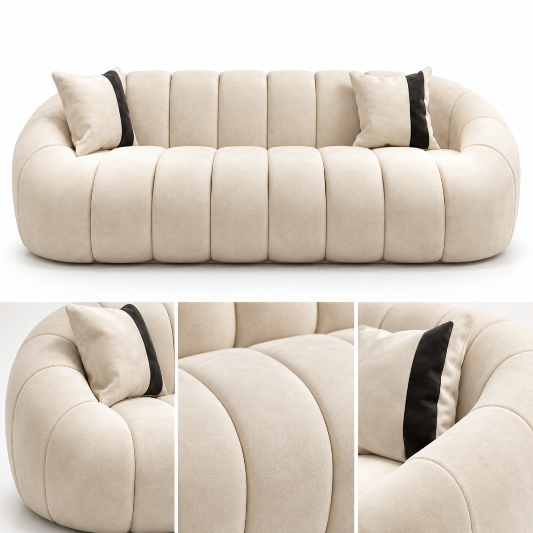 Wooden Twist Collin Oval Channel Tufted 3 Seater Sofa Beige Velvet – Front View with Detail Close-Ups