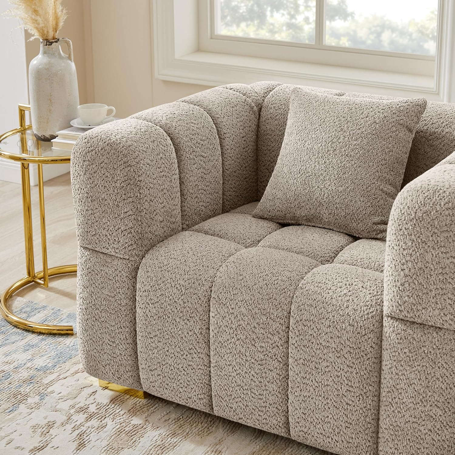 Wooden Twist Cloud Boucle Sofa - Camel 3-Seater in Modern Living Room