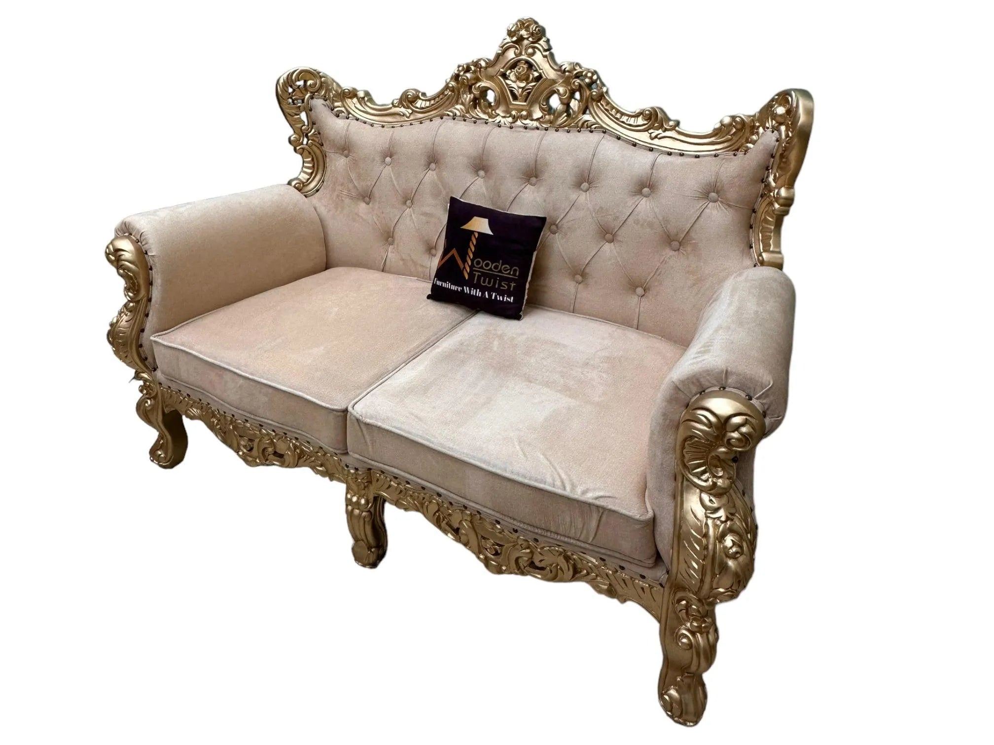 Wooden Boutique French Baroque Style Golden Leaf Hand Carved Sofa (2 Seater) - Wooden Twist UAE