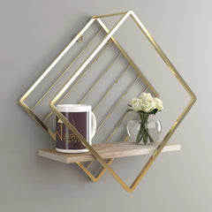 Wooden Twist Metallic Rhombus Shape Wood & Iron Storage Wall Shelf ( Golden ) - Wooden Twist UAE