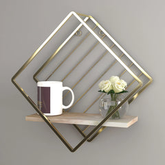 Wooden Twist Metallic Rhombus Shape Wood & Iron Storage Wall Shelf ( Golden ) - Wooden Twist UAE