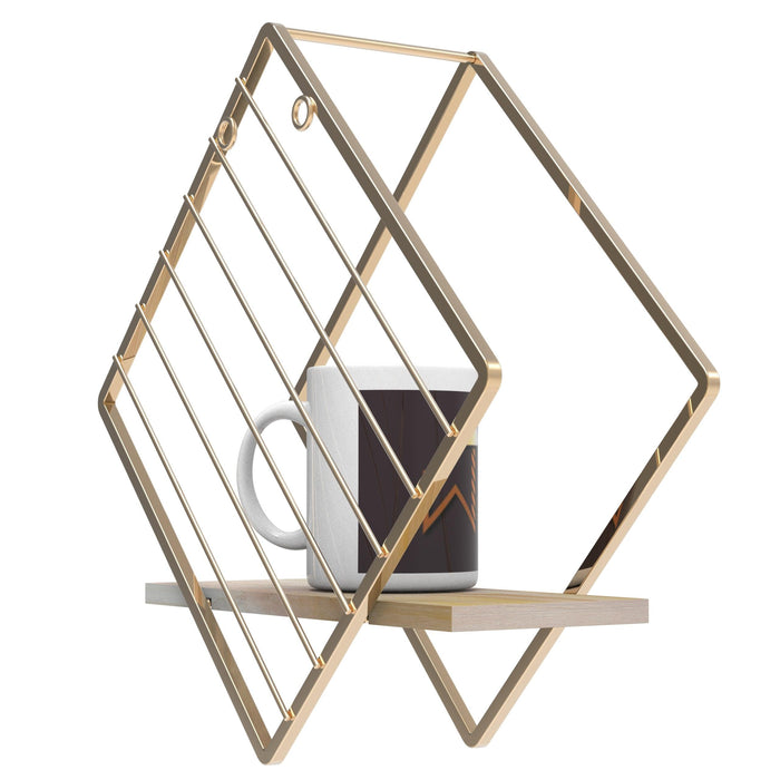 Wooden Twist Metallic Rhombus Shape Wood & Iron Storage Wall Shelf ( Golden )