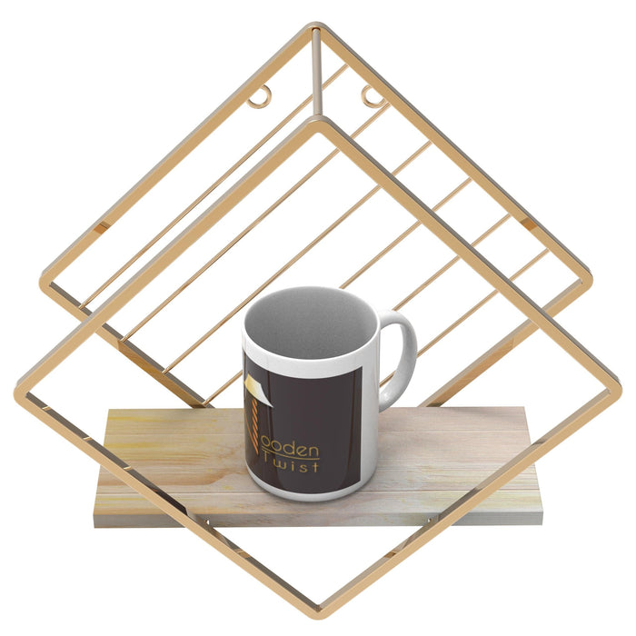 Wooden Twist Metallic Rhombus Shape Wood & Iron Storage Wall Shelf ( Golden )